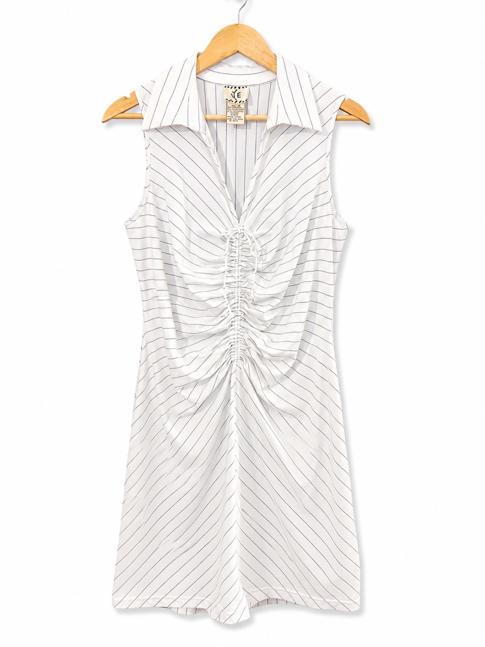 Vintage ICE 90s White Pinstripe Ruched Bodycon Midi Dress Size 10 Y2K